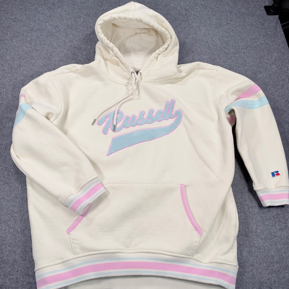 Russell Athletic Large Cream Pastel Chenille Logo Striped Hoodie Sweatshirt